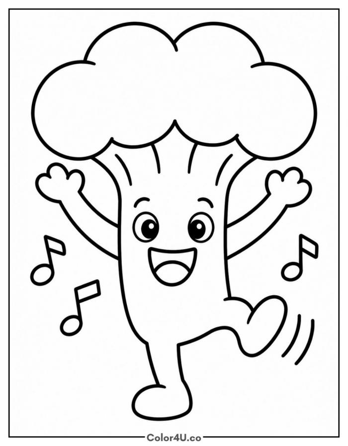 Dancing broccoli with music notes, easy broccoli coloring page, free printable