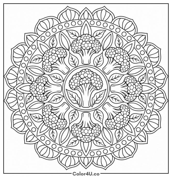 Broccoli mandala with leaves and petals, detailed broccoli coloring page, free printable