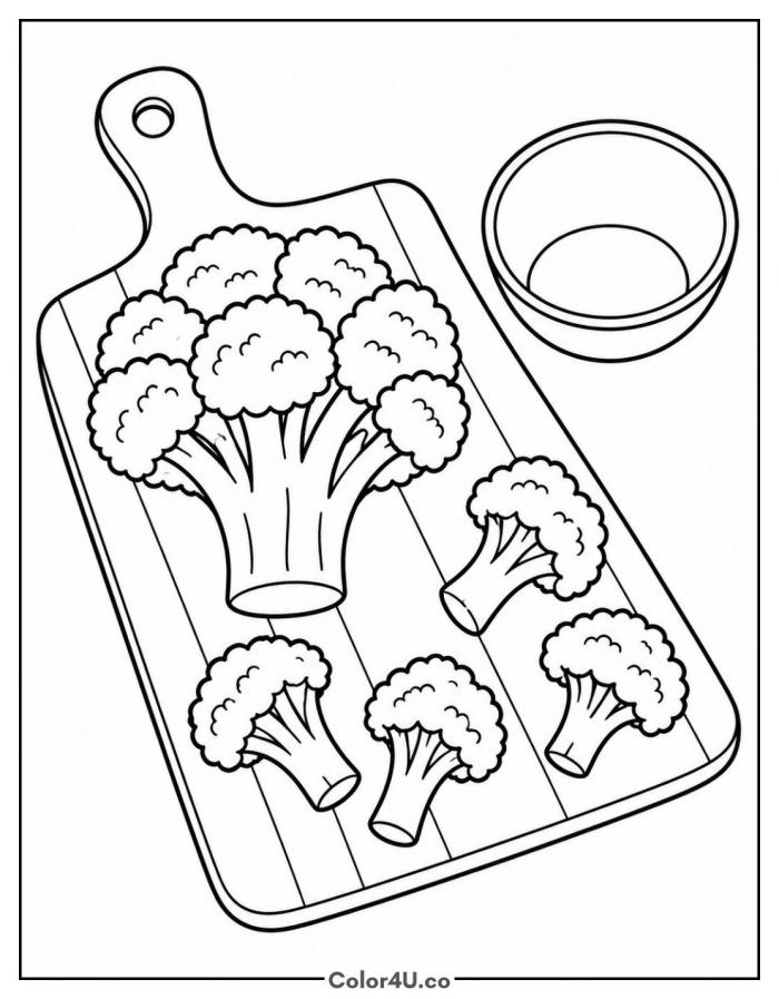 Broccoli on a wooden cutting board, medium broccoli coloring page, free printable