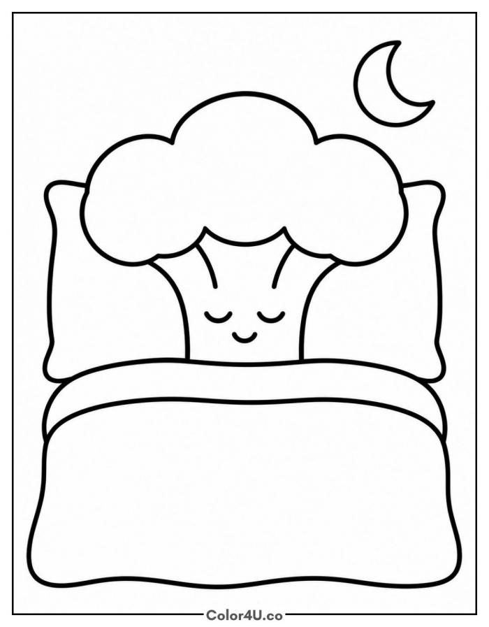 Sleepy broccoli under a blanket, easy broccoli coloring page, free printable
