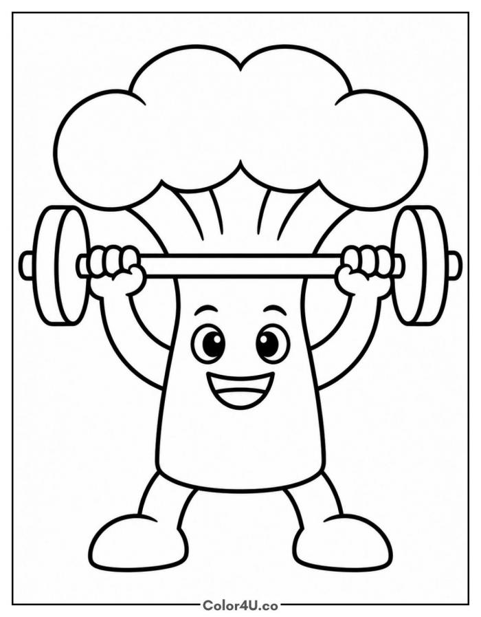 Strong broccoli lifting a barbell, easy broccoli coloring page, free printable
