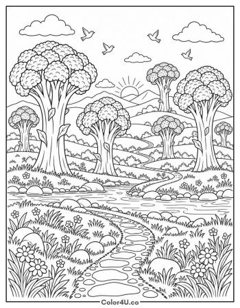 Broccoli Tree Forest coloring page