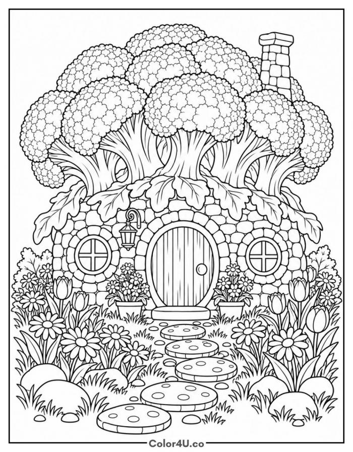 Broccoli fairy cottage with garden path, detailed broccoli coloring page, free printable