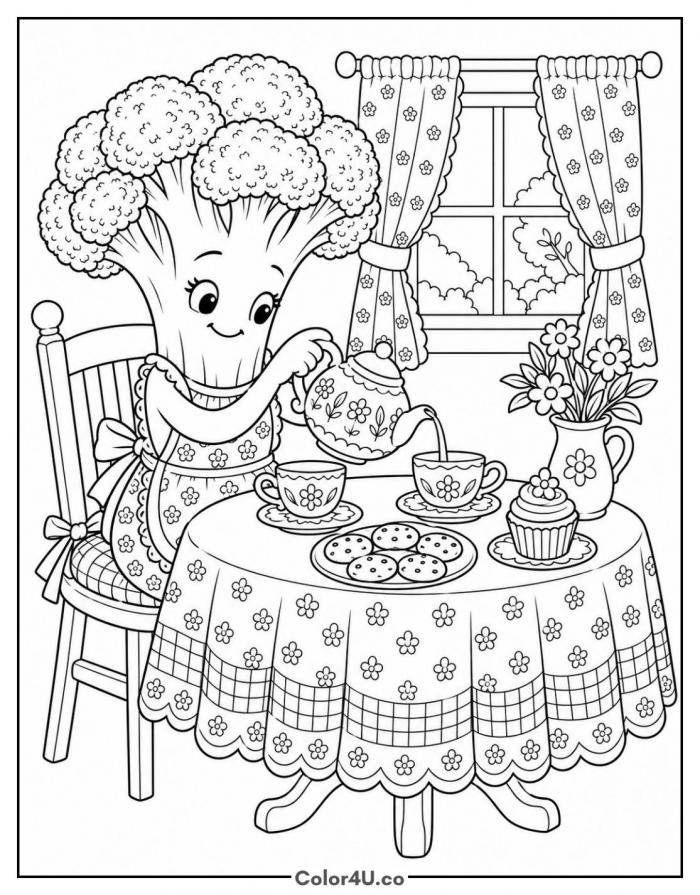 Broccoli pouring tea at a tea party table, detailed broccoli coloring page, free printable