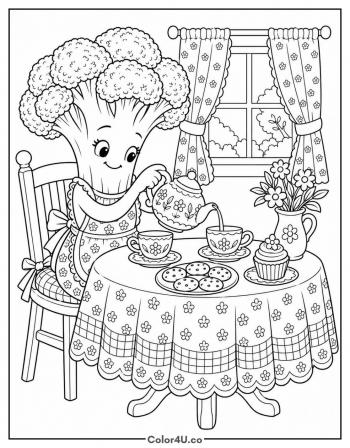 Cozy Broccoli Tea Party coloring page