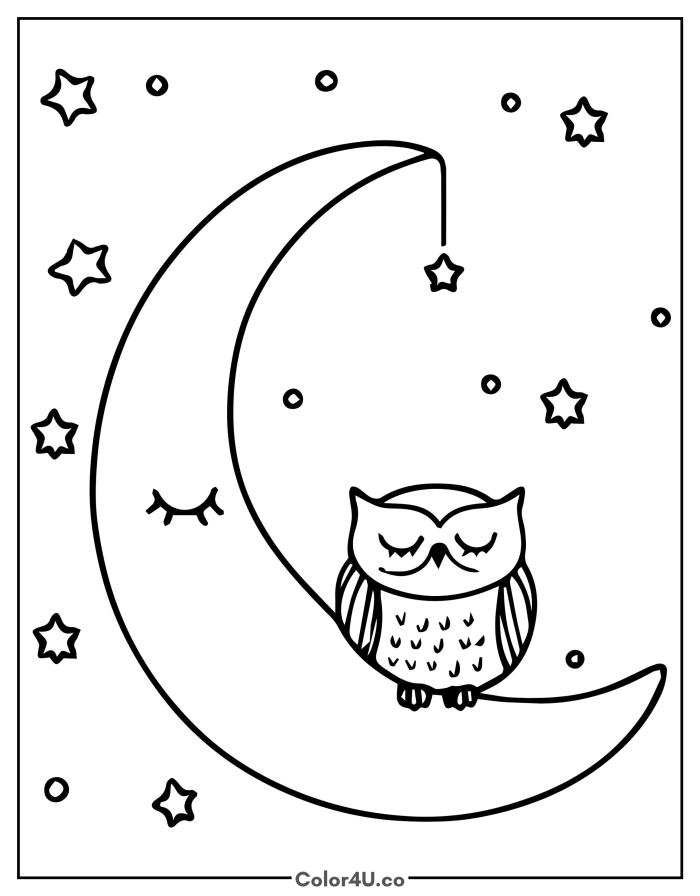 Sleeping owl on a crescent moon, medium Moon coloring page, free printable