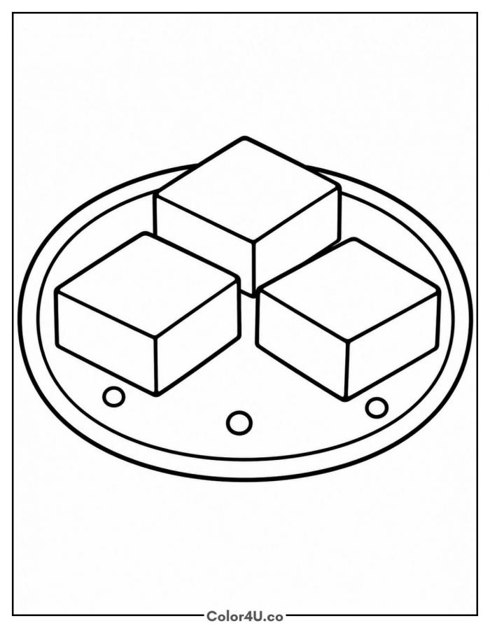 Three brownies on a round plate, easy brownie coloring page, free printable