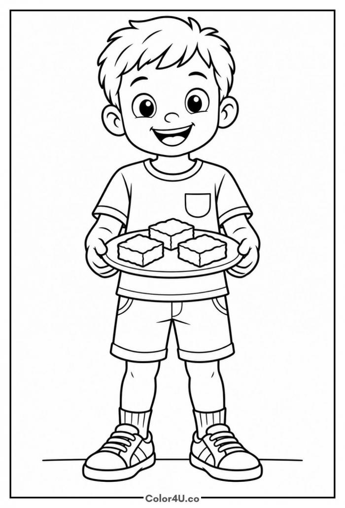 Smiling boy holding a plate of brownies, medium brownie coloring page, free printable
