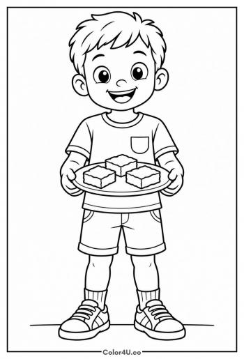 Kid Holding a Plate of Brownies coloring page