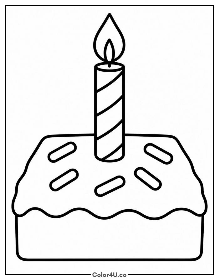 Birthday brownie with a striped candle and sprinkles, easy brownie coloring page, free printable