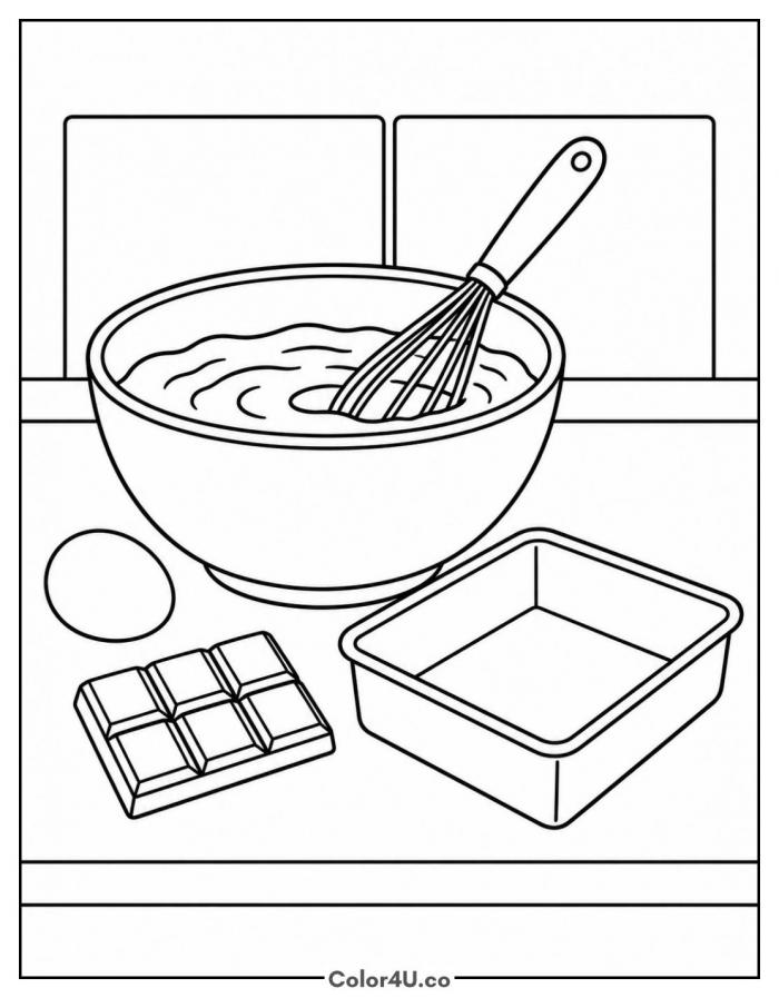 Bowl of brownie batter with whisk, egg and chocolate bar, easy brownie coloring page, free printable