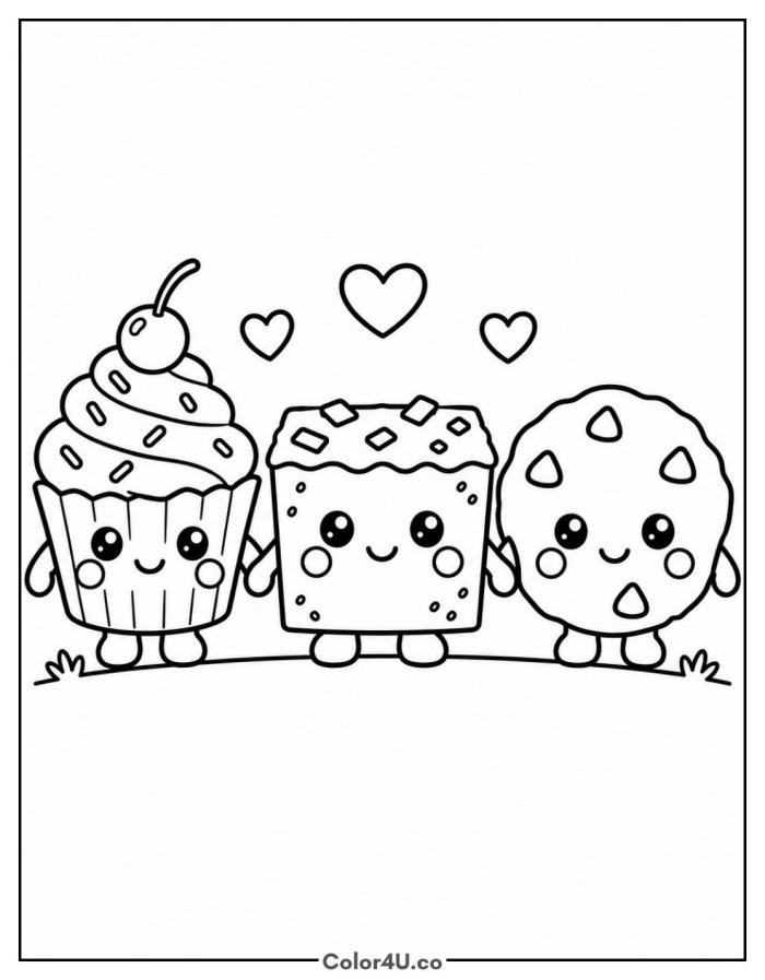 Kawaii brownie holding hands with a cupcake and cookie, medium brownie coloring page, free printable