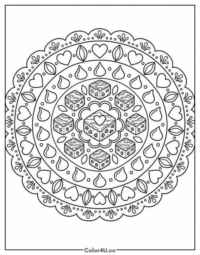 Brownie pattern mandala with hearts and leaves, detailed brownie coloring page, free printable