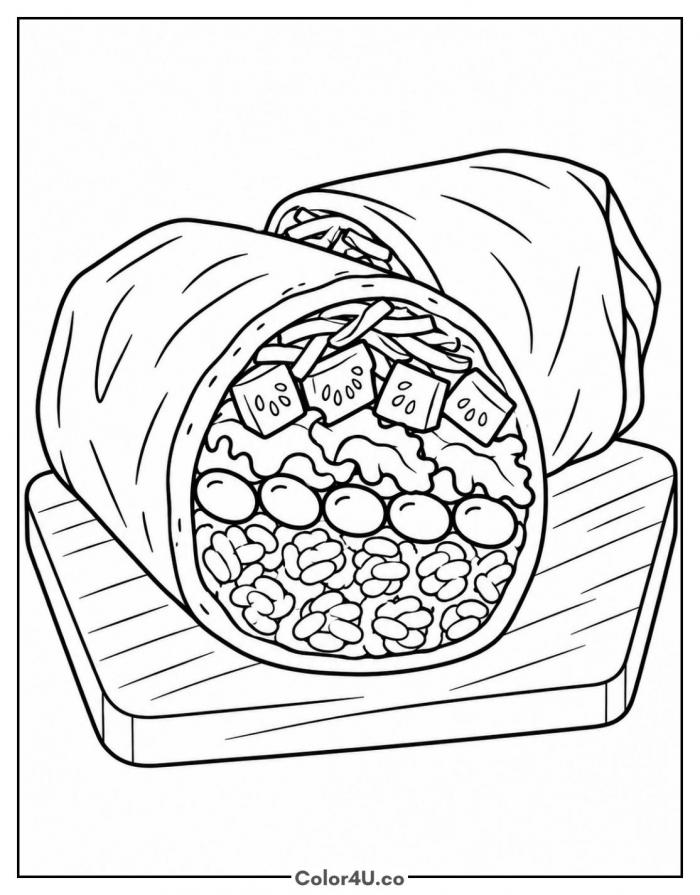 Cut-open burrito showing fillings on a wooden board, medium burrito coloring page, free printable