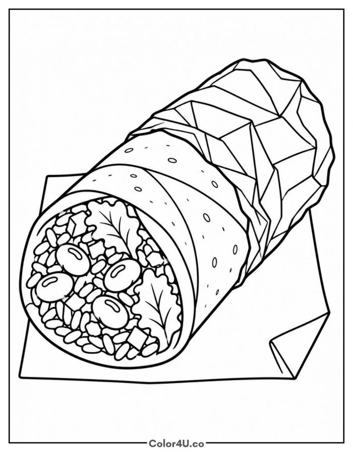 Burrito half-wrapped in foil on a napkin, medium burrito coloring page, free printable