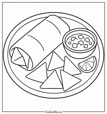Burrito Plate with Chips, Salsa and Lime coloring page