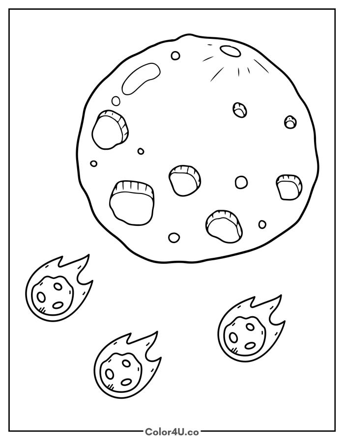 Meteorites falling from the moon, medium Moon coloring page, free printable