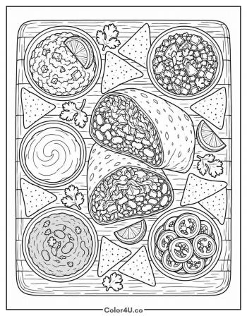 Burrito Board with Topping Bowls coloring page