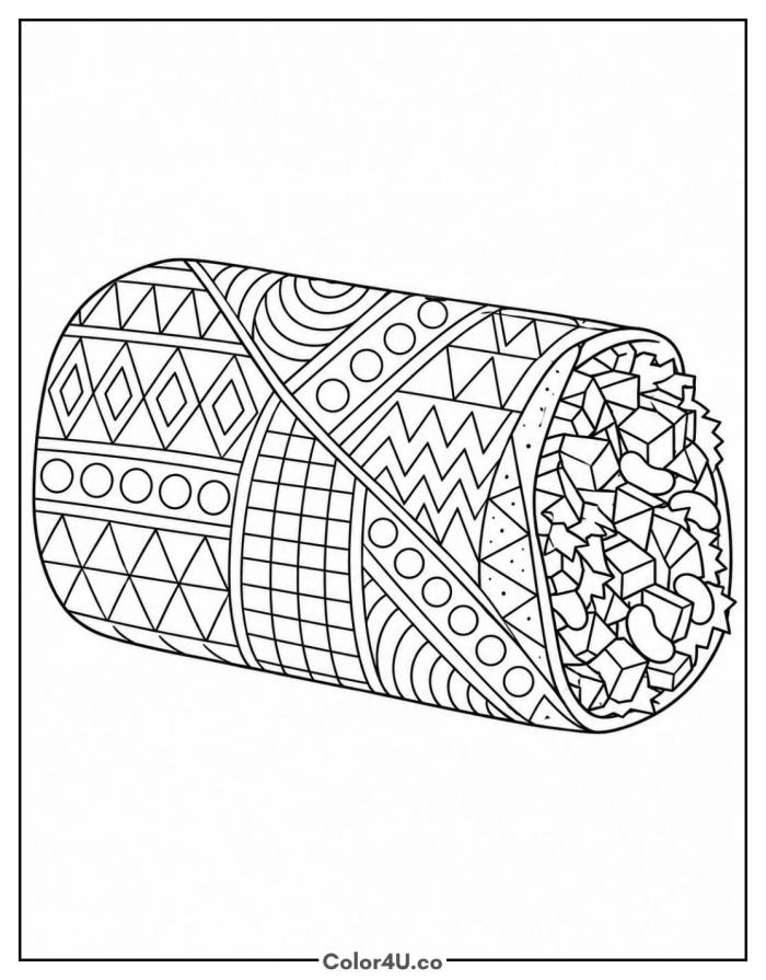 Geometric pattern burrito, detailed burrito coloring page, free printable