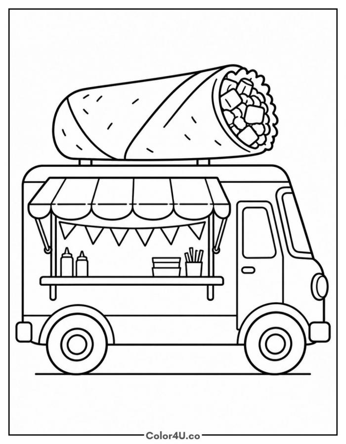 Burrito food truck with a giant burrito on the roof, medium burrito coloring page, free printable