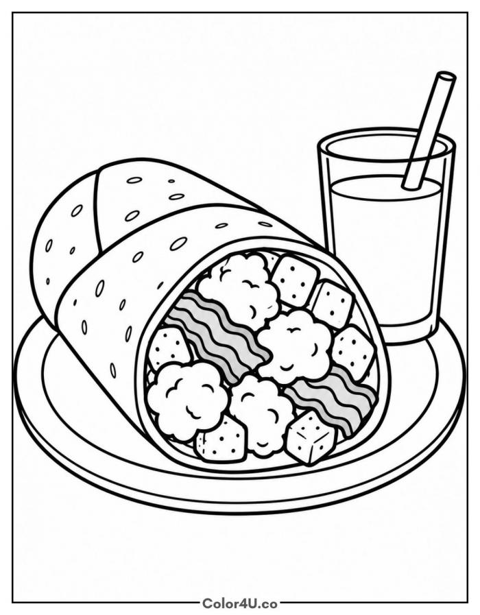 Breakfast burrito with egg, bacon, and juice, medium burrito coloring page, free printable