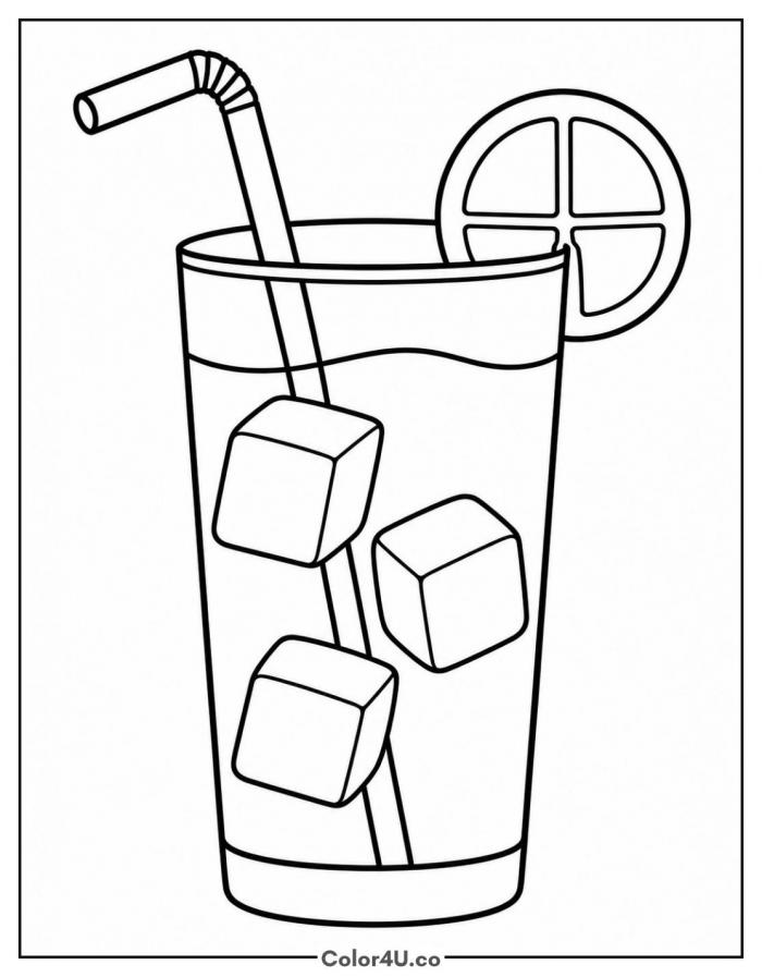 Glass of lemonade with a straw and ice cubes, easy lemonade coloring page, free printable