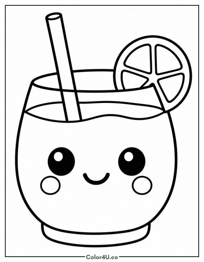 Kawaii lemonade glass with a happy face, easy lemonade coloring page, free printable