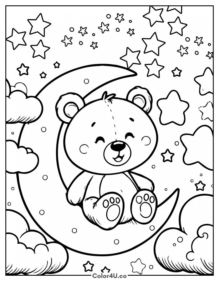 Happy teddy bear sitting on a crescent moon, medium Moon coloring page, free printable