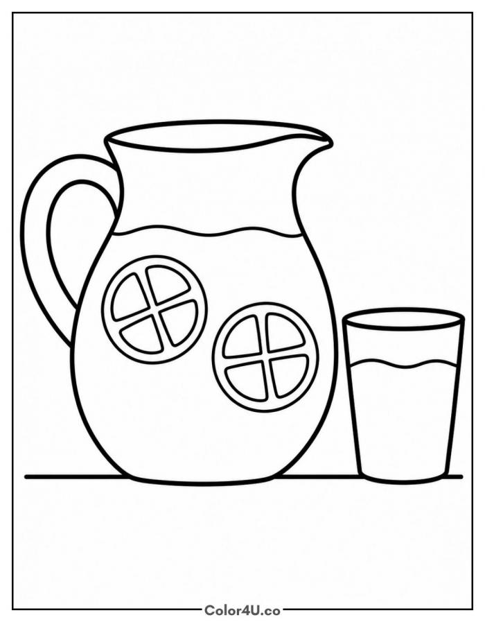 Lemonade pitcher and glass, easy lemonade coloring page, free printable