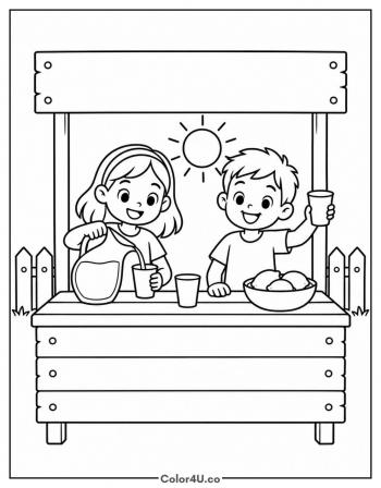 Two Kids Running a Lemonade Stand coloring page