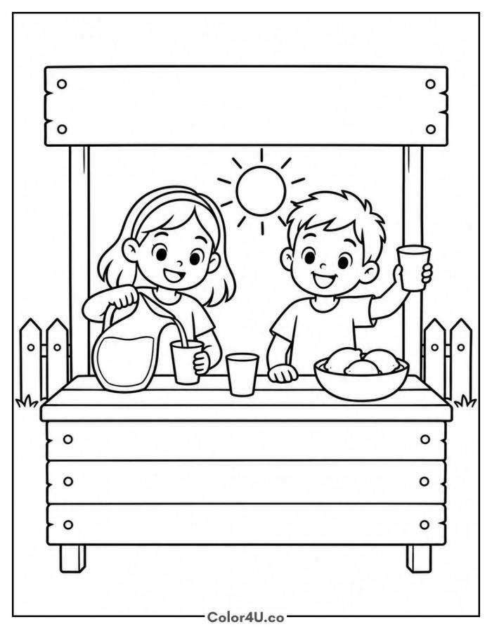 Two kids running a lemonade stand, medium lemonade coloring page, free printable