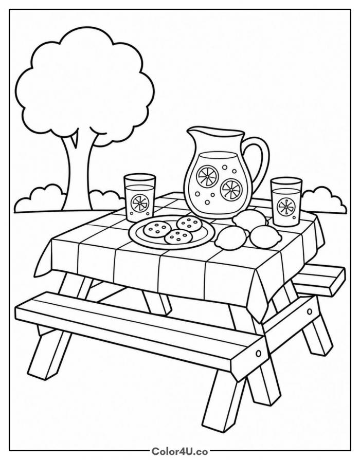 Lemonade on a picnic table with cookies, medium lemonade coloring page, free printable