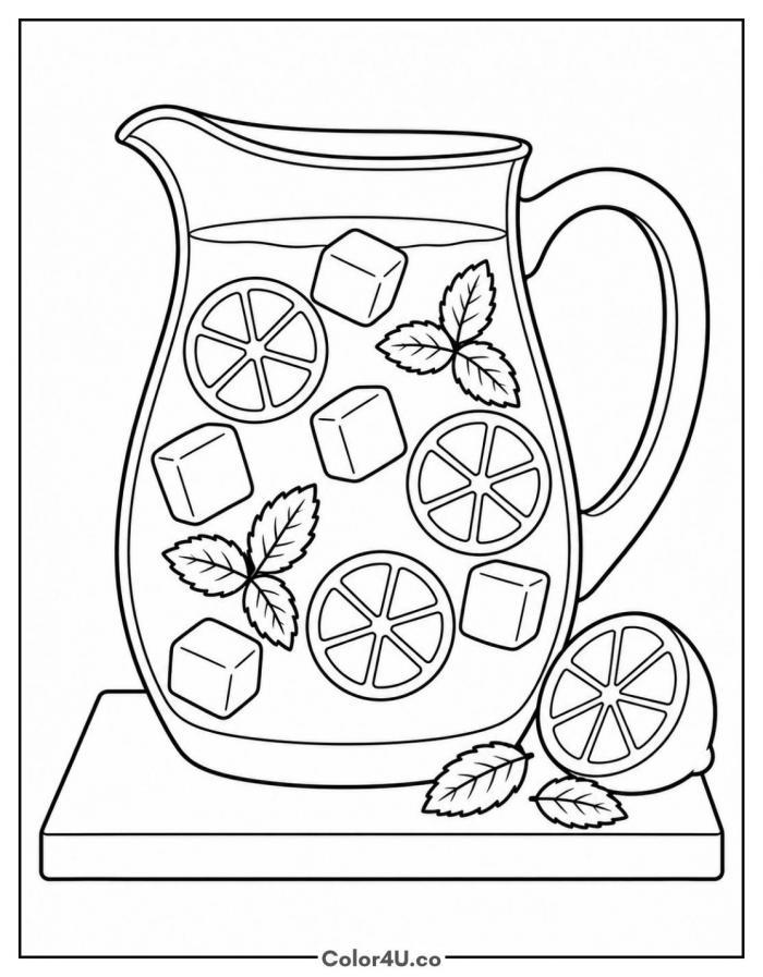 Iced lemonade pitcher with mint and lemon slices, medium lemonade coloring page, free printable