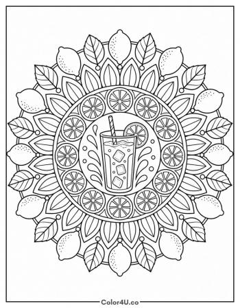 Lemonade Glass in a Lemon Slice Mandala coloring page