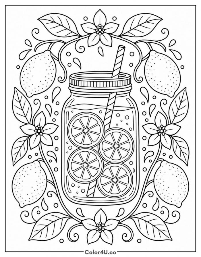Mason jar lemonade in a botanical frame, detailed lemonade coloring page, free printable
