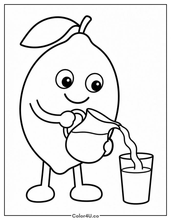 Cartoon lemon pouring lemonade into a glass, easy lemonade coloring page, free printable