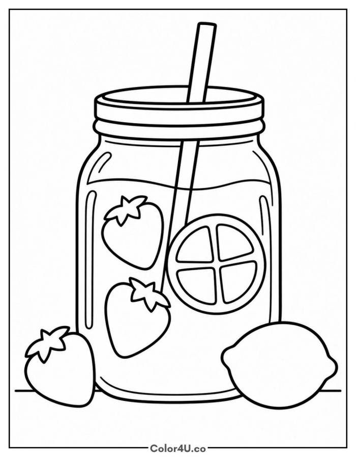 Strawberry lemonade jar with straw, easy lemonade coloring page, free printable