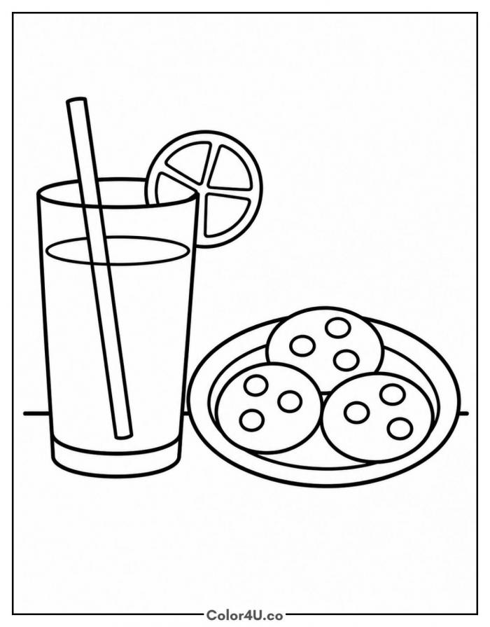 Lemonade glass and plate of cookies, easy lemonade coloring page, free printable