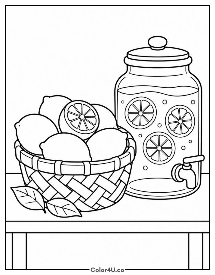 Basket of lemons and a lemonade jar, medium lemonade coloring page, free printable