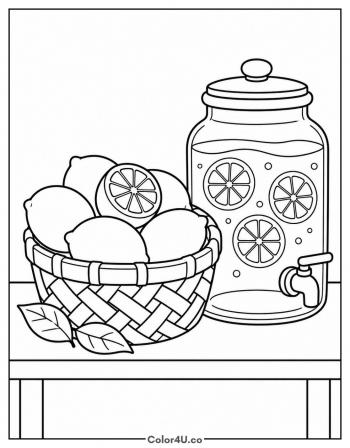 Basket of Lemons and a Lemonade Jar coloring page