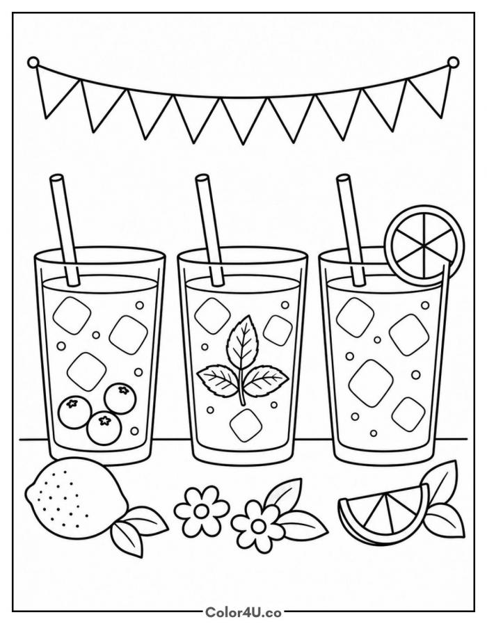 Three lemonade party glasses with bunting, medium lemonade coloring page, free printable