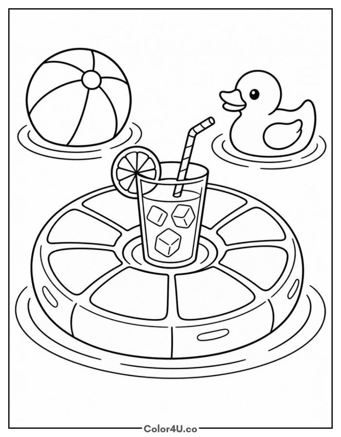 Lemonade on a lemon slice pool float, medium lemonade coloring page, free printable