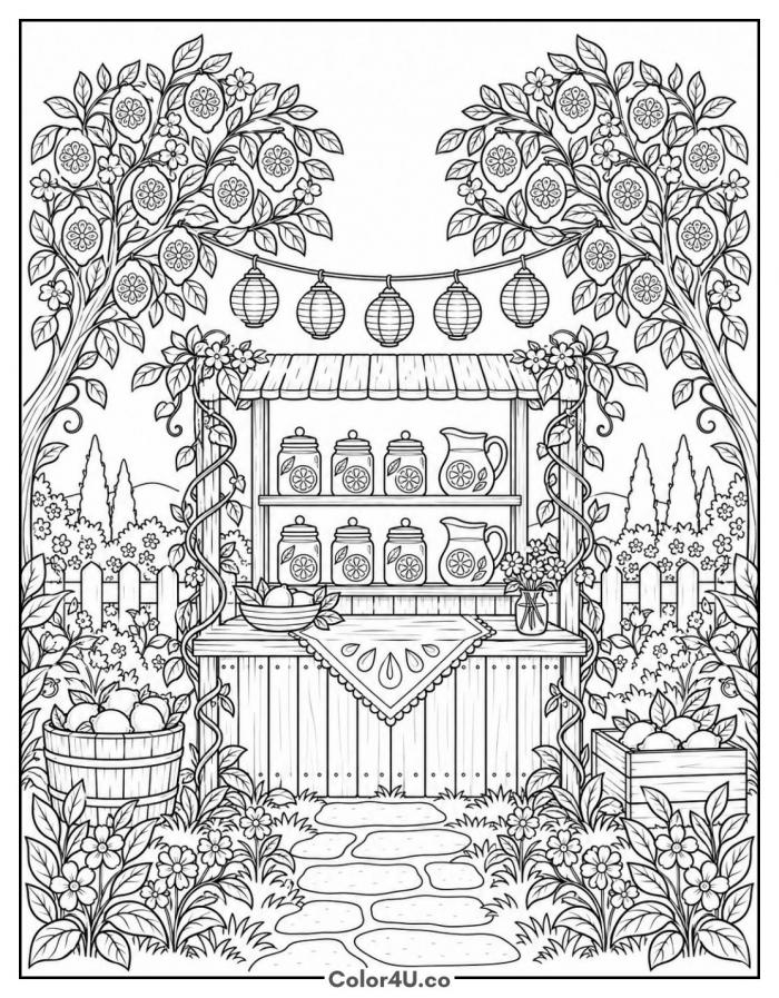 Lemonade stand in a lemon grove with lanterns, detailed lemonade coloring page, free printable