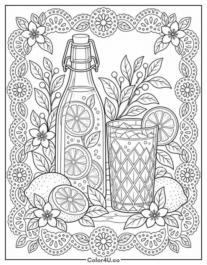 Vintage lemonade bottle with floral lace border, detailed lemonade coloring page, free printable