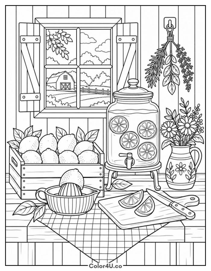 Farm fresh lemonade in a farmhouse kitchen, detailed lemonade coloring page, free printable