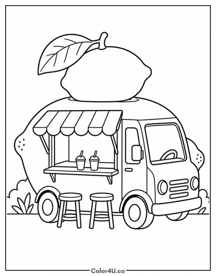 Lemon-shaped lemonade food truck with stools, medium lemonade coloring page, free printable
