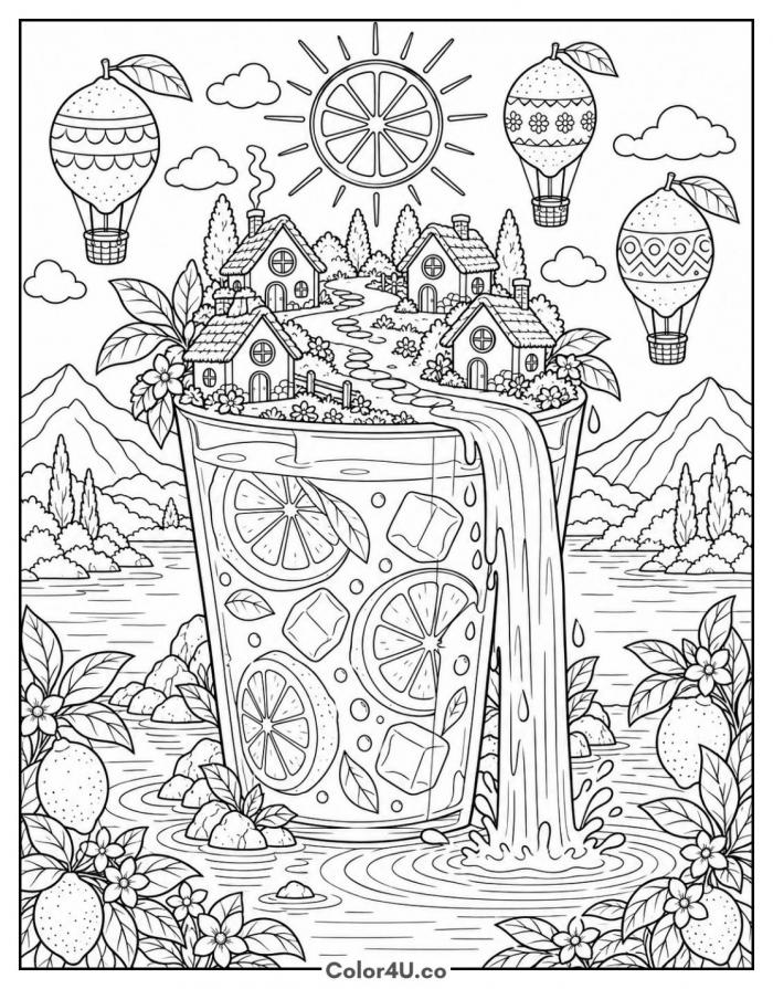 Lemonade fantasy island with cottages and waterfall, detailed lemonade coloring page, free printable