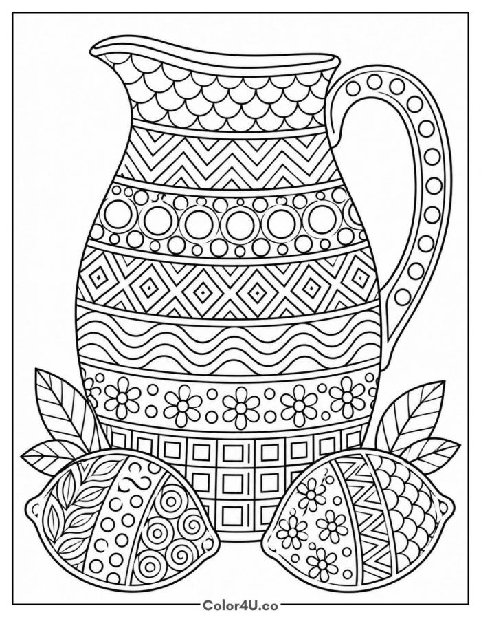 Zentangle lemonade pitcher with patterned lemons, detailed lemonade coloring page, free printable