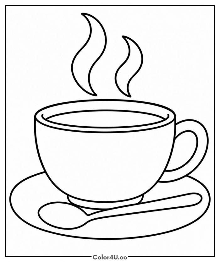 Teacup on a saucer with steam and spoon, easy tea coloring page, free printable