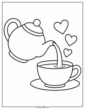 Teapot and Teacup with Hearts coloring page